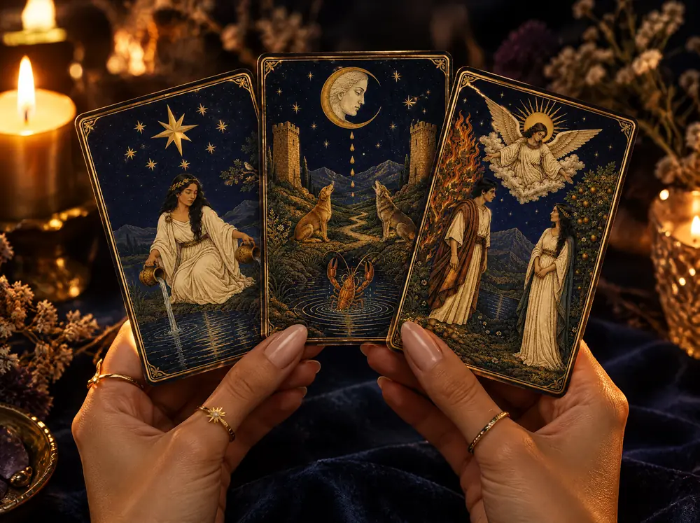 Manos sosteniendo La Estrella, La Luna y Los Enamorados a la luz de las velas