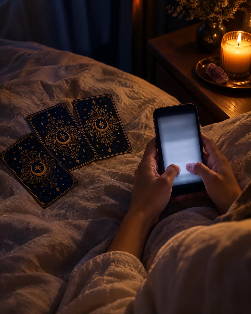 Manos de mujer escribiendo en el celular de noche, con tres cartas de tarot sobre la cama