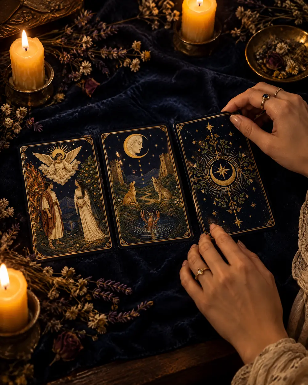 Tirada de tarot a la luz de las velas: Los Enamorados, La Luna y una carta por revelar